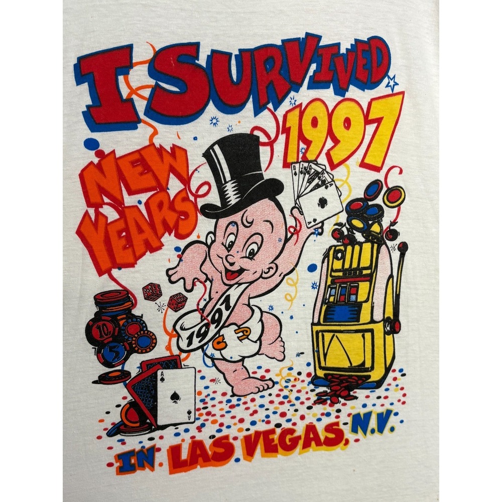 I Survived New Years Eve Graphic T-Shirt Mens White XL Vintage 90s Las Vegas